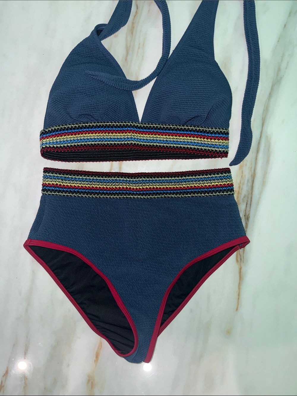 Cupshe Navy Blue One-Piece Swimsuit with Multicolor Stripe Waistband